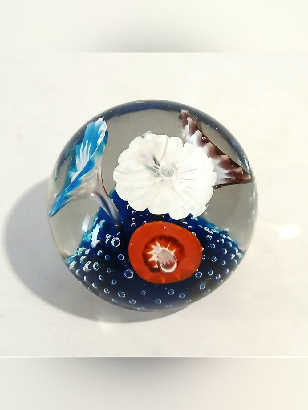 Vintage Handblown Glass Floral Paperweight - Blue, White & Orange